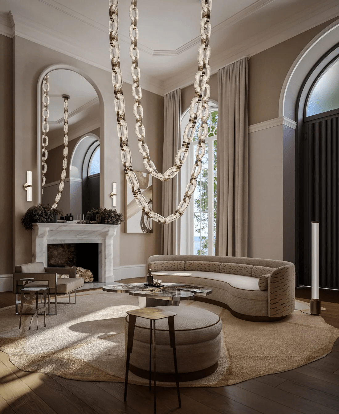 Modern Alabaster Chain Link Chandelier with Brass Accents