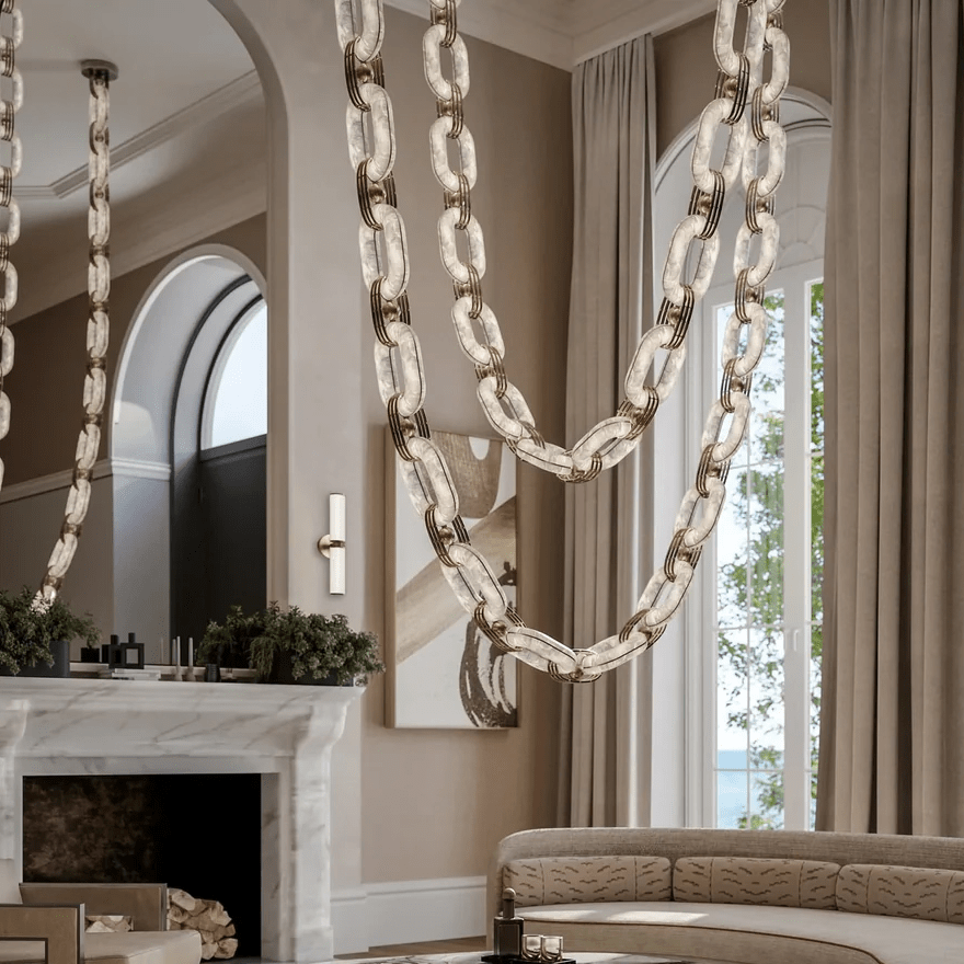 Modern Alabaster Chain Link Chandelier with Brass Accents