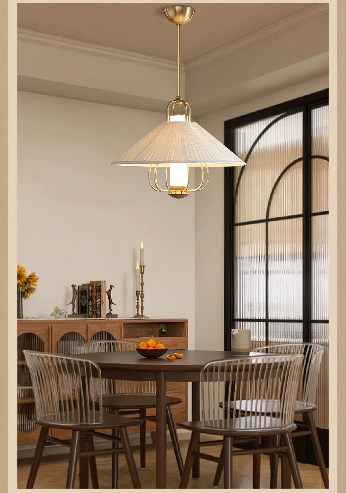 Chantelle Pendant Light – Pleated Fabric Shade with Gold Frame