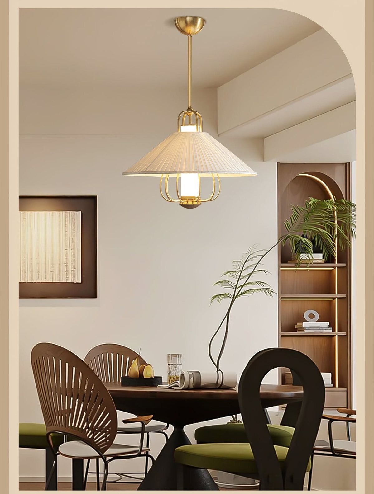 Chantelle Pendant Light – Pleated Fabric Shade with Gold Frame