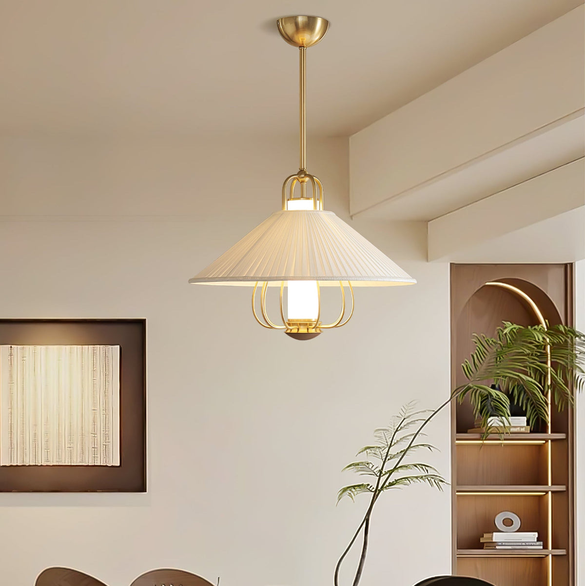 Chantelle Pendant Light – Pleated Fabric Shade with Gold Frame