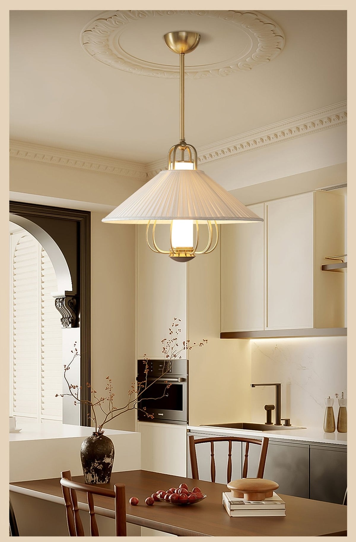 Chantelle Pendant Light – Pleated Fabric Shade with Gold Frame