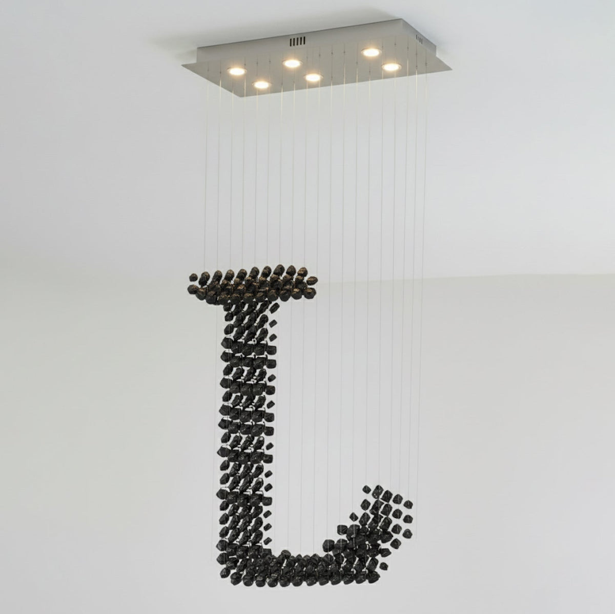Charcoal Sculptural Linear Chandelier, Handcrafted Stone LED Pendant for Modern Interiors