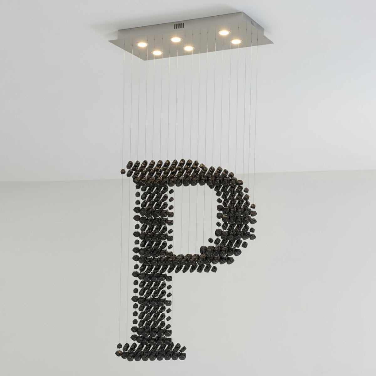 Charcoal Linear Chandelier in Black Iron and Stone for Modern Interiors