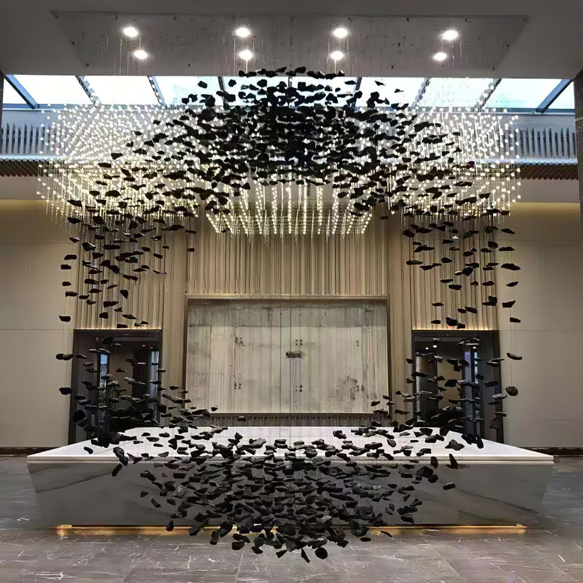Charcoal Cascade Pixel Chandelier – Modern Stone LED Pendant for Living and Dining Spaces