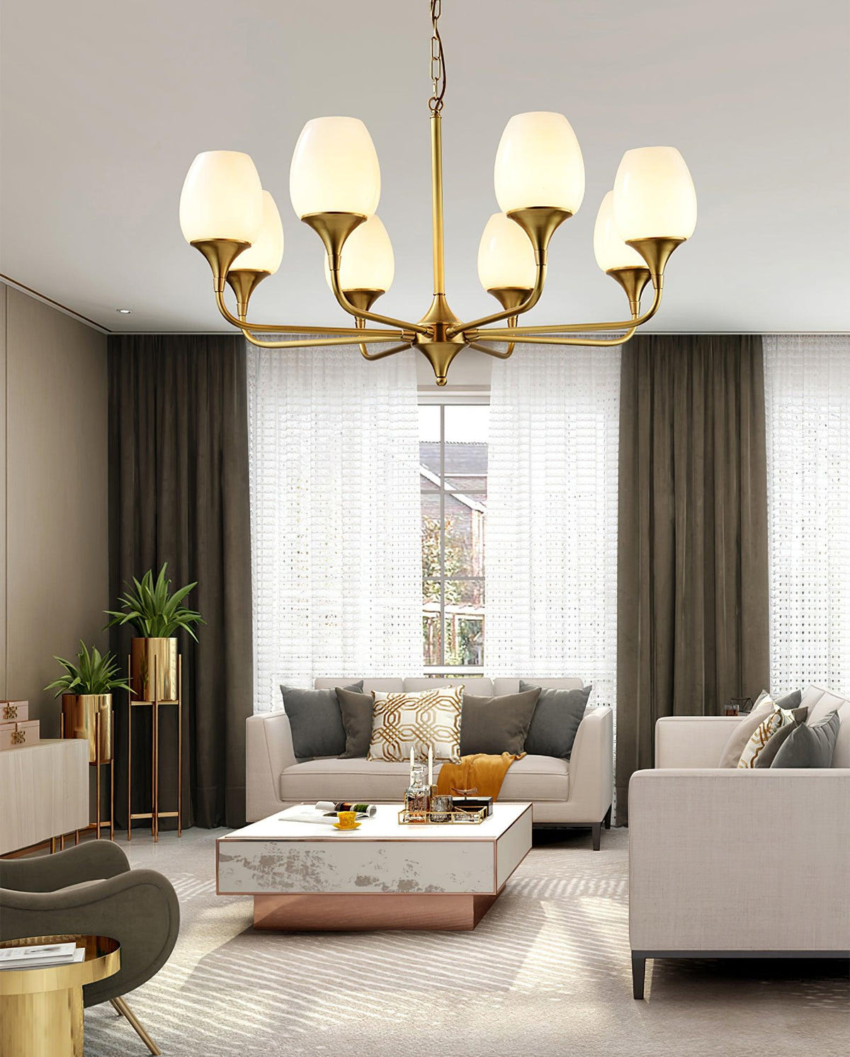 Charlie Eight-Light Brass Chandelier with Glass Shades for Dining and Living Rooms