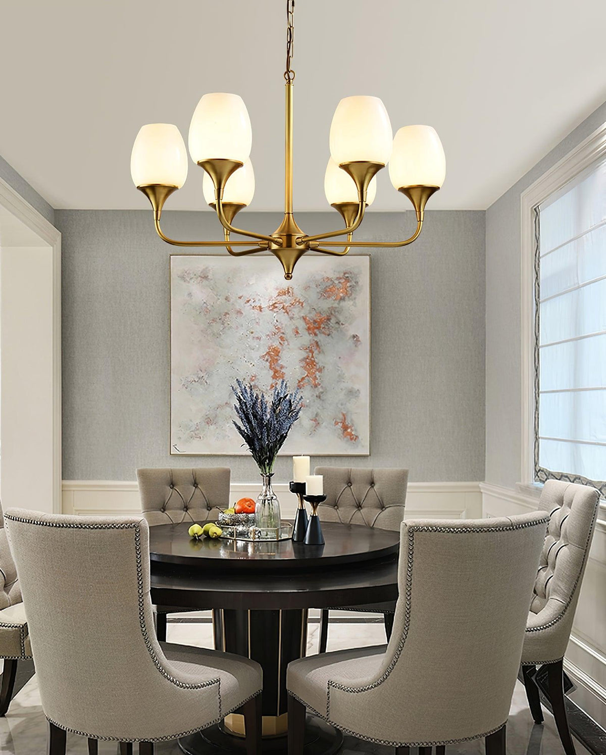 Charlie Eight-Light Brass Chandelier with Glass Shades for Dining and Living Rooms