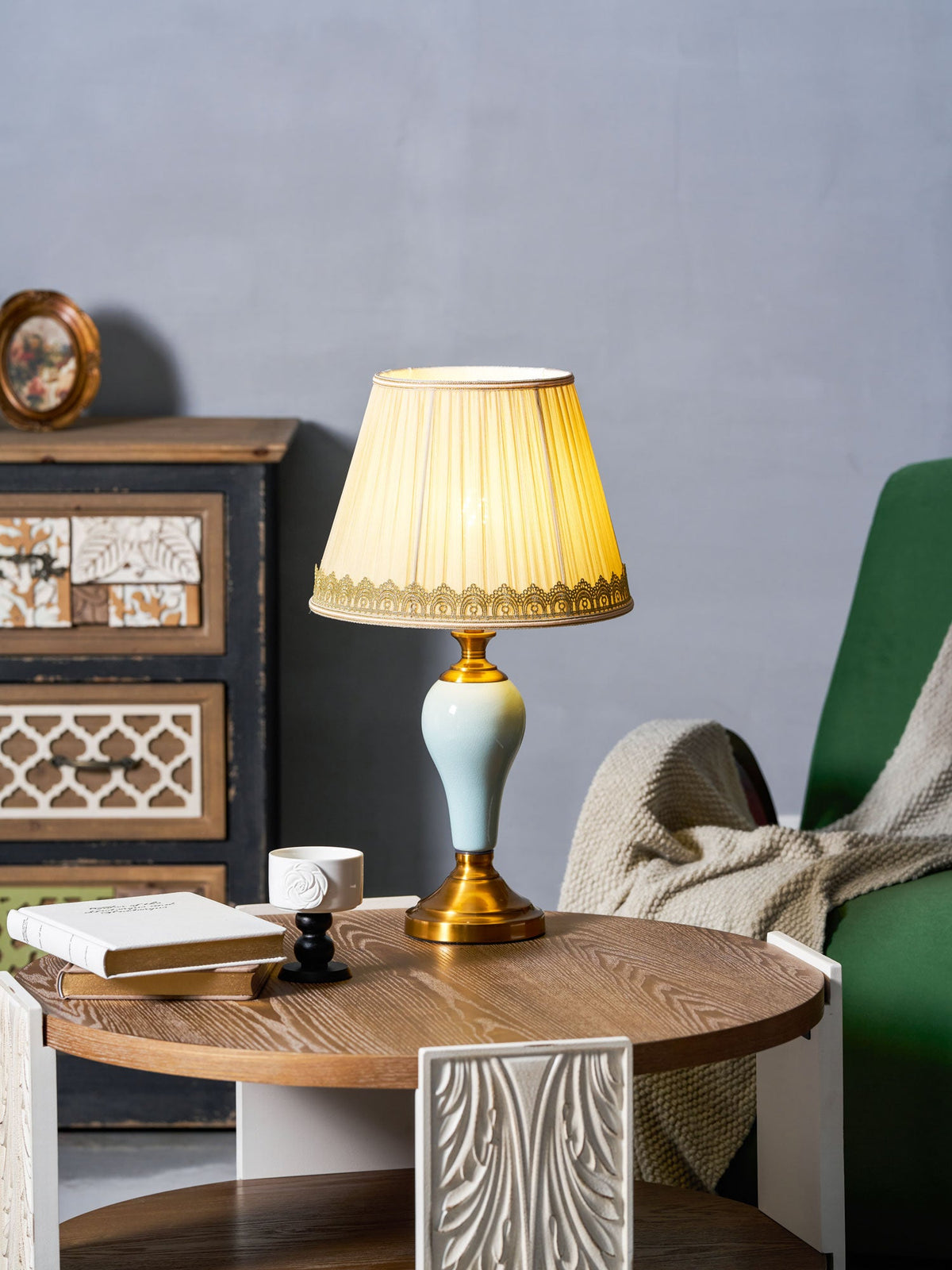 Chaslyn Desk Lamp – Blue Ceramic & Brass Table Lamp with Beige Fabric Shade