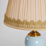 Chaslyn Desk Lamp – Blue Ceramic & Brass Table Lamp with Beige Fabric Shade
