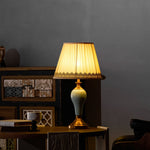 Chaslyn Desk Lamp – Blue Ceramic & Brass Table Lamp with Beige Fabric Shade