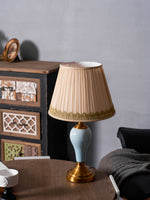 Chaslyn Desk Lamp – Blue Ceramic & Brass Table Lamp with Beige Fabric Shade