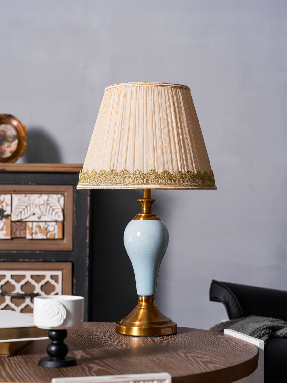 Chaslyn Desk Lamp – Blue Ceramic & Brass Table Lamp with Beige Fabric Shade