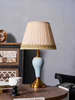 Chaslyn Desk Lamp – Blue Ceramic & Brass Table Lamp with Beige Fabric Shade