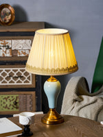 Chaslyn Desk Lamp – Blue Ceramic & Brass Table Lamp with Beige Fabric Shade