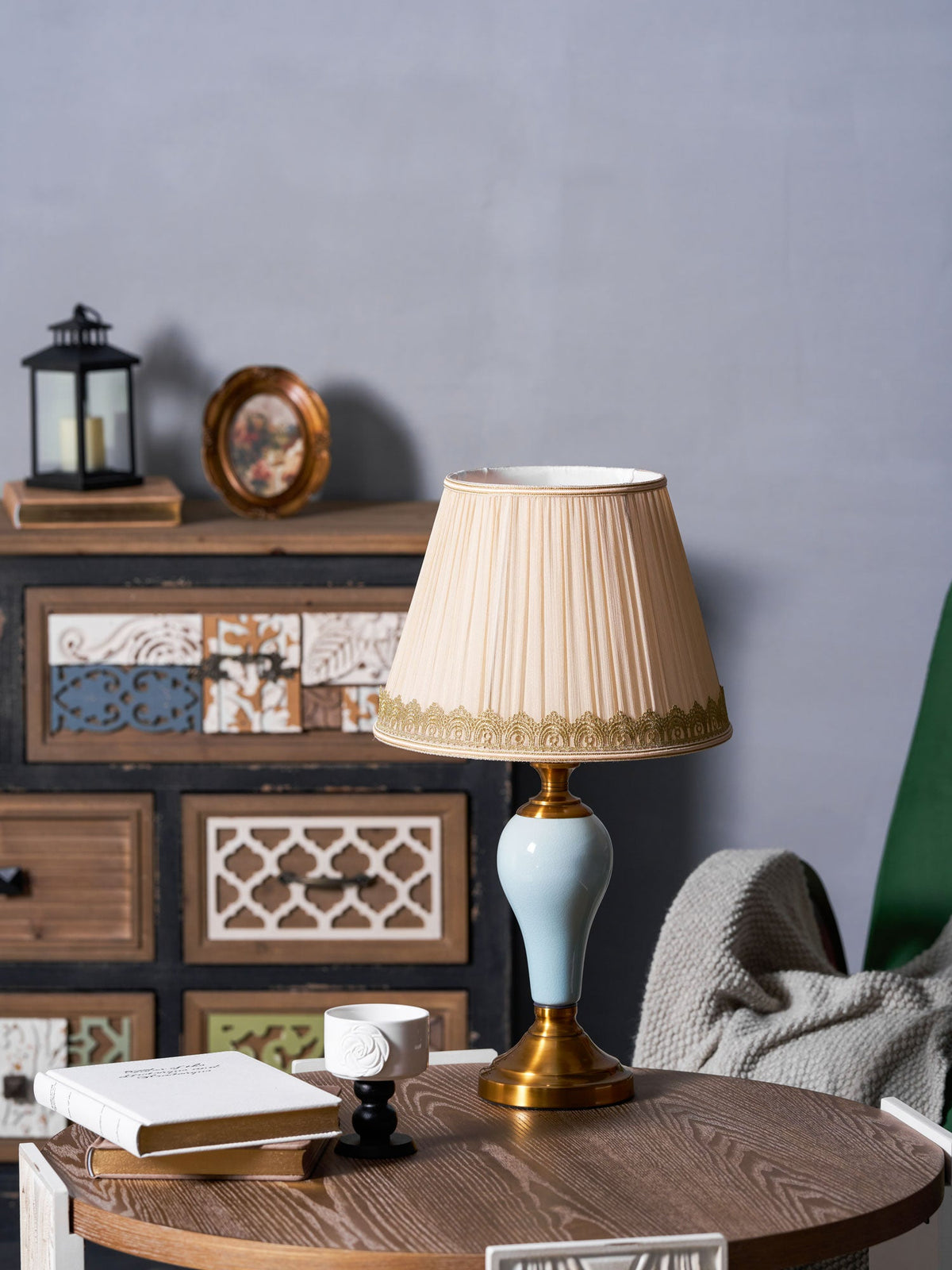 Chaslyn Desk Lamp – Blue Ceramic & Brass Table Lamp with Beige Fabric Shade