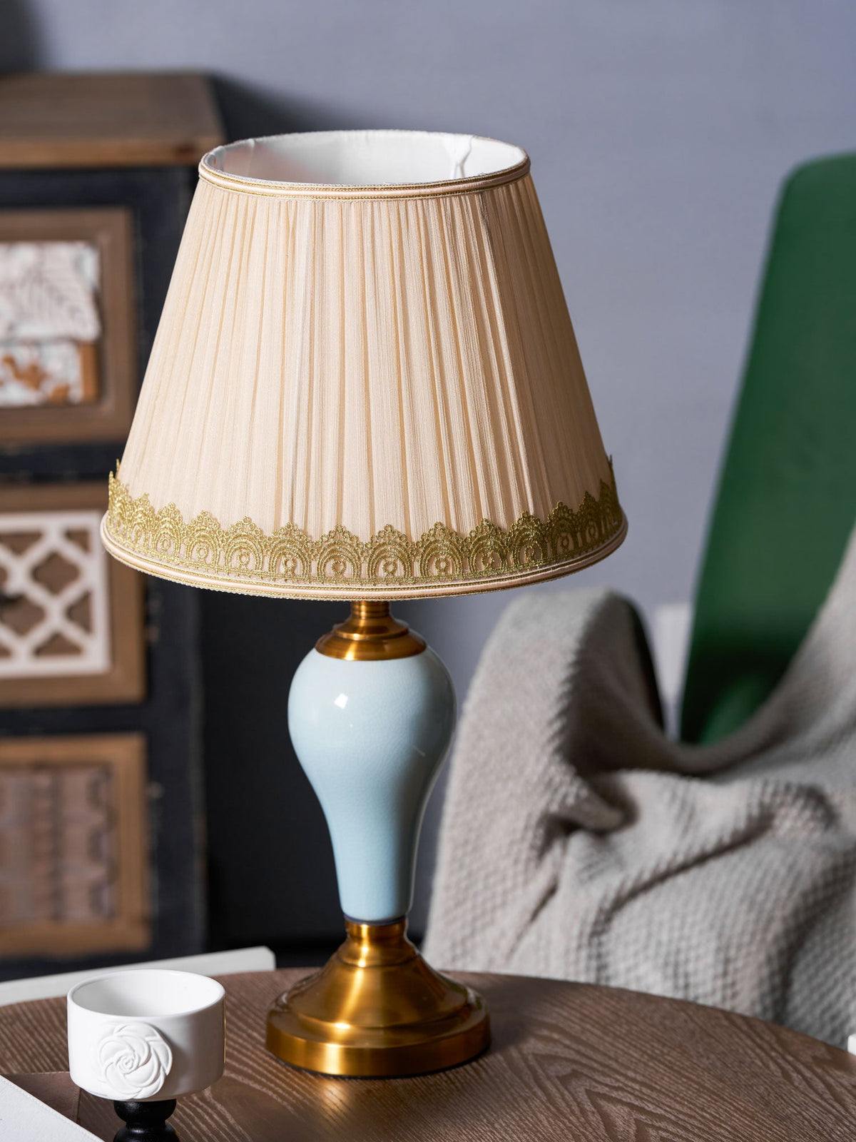 Chaslyn Desk Lamp – Blue Ceramic & Brass Table Lamp with Beige Fabric Shade