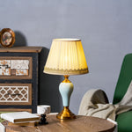 Chaslyn Desk Lamp – Blue Ceramic & Brass Table Lamp with Beige Fabric Shade