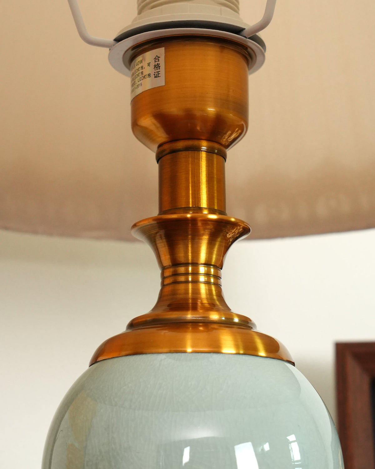 Chaslyn Desk Lamp – Blue Ceramic & Brass Table Lamp with Beige Fabric Shade