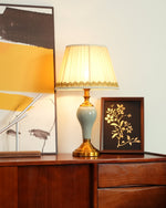 Chaslyn Desk Lamp – Blue Ceramic & Brass Table Lamp with Beige Fabric Shade