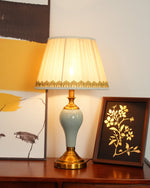 Chaslyn Desk Lamp – Blue Ceramic & Brass Table Lamp with Beige Fabric Shade