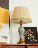 Chaslyn Desk Lamp – Blue Ceramic & Brass Table Lamp with Beige Fabric Shade