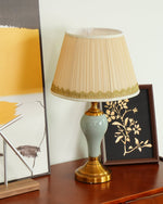 Chaslyn Desk Lamp – Blue Ceramic & Brass Table Lamp with Beige Fabric Shade