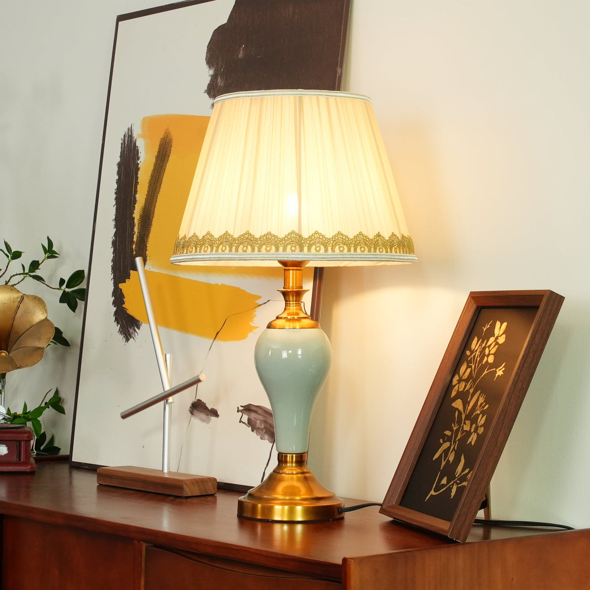 Chaslyn Desk Lamp – Blue Ceramic & Brass Table Lamp with Beige Fabric Shade