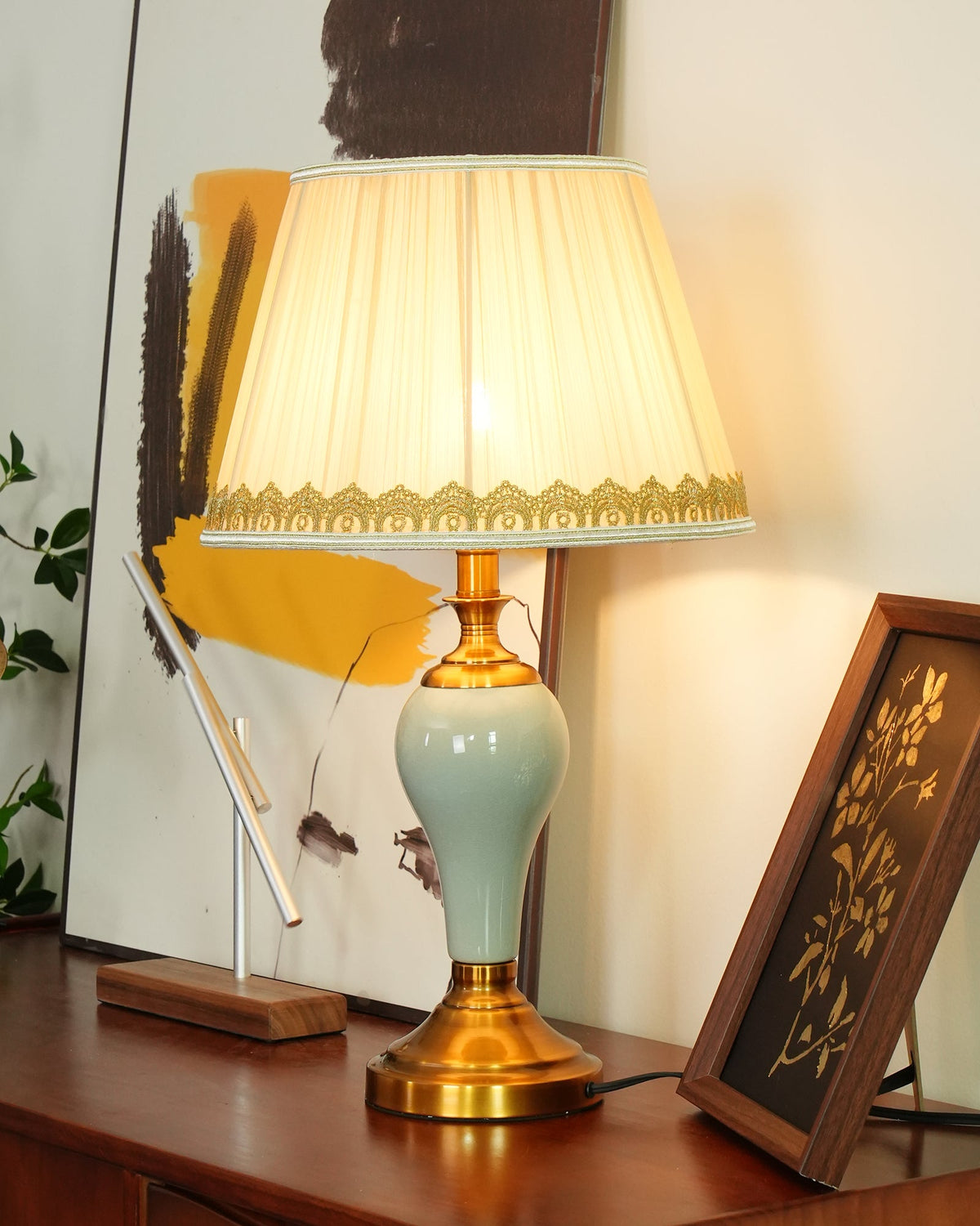 Chaslyn Desk Lamp – Blue Ceramic & Brass Table Lamp with Beige Fabric Shade