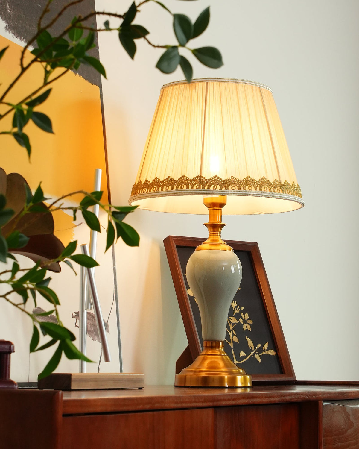 Chaslyn Desk Lamp – Blue Ceramic & Brass Table Lamp with Beige Fabric Shade