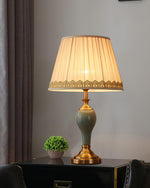 Chaslyn Desk Lamp – Blue Ceramic & Brass Table Lamp with Beige Fabric Shade