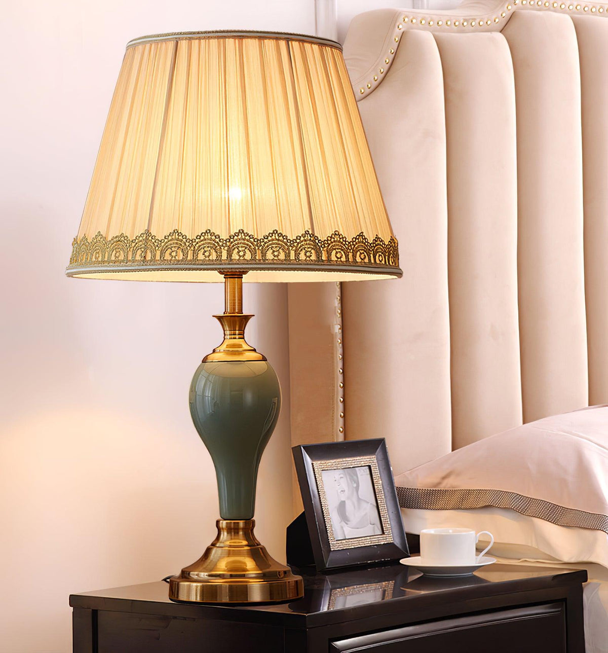 Chaslyn Desk Lamp – Blue Ceramic & Brass Table Lamp with Beige Fabric Shade