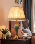 Chaslyn Desk Lamp – Blue Ceramic & Brass Table Lamp with Beige Fabric Shade