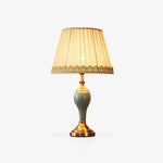 Chaslyn Desk Lamp – Blue Ceramic & Brass Table Lamp with Beige Fabric Shade
