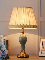 Chaslyn Desk Lamp – Blue Ceramic & Brass Table Lamp with Beige Fabric Shade