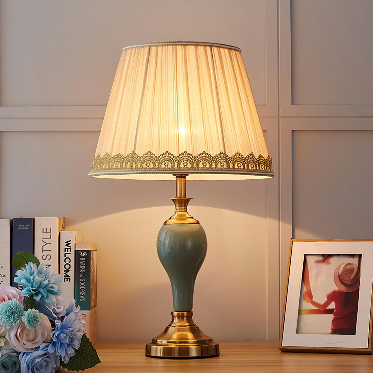 Chaslyn Desk Lamp – Blue Ceramic & Brass Table Lamp with Beige Fabric Shade