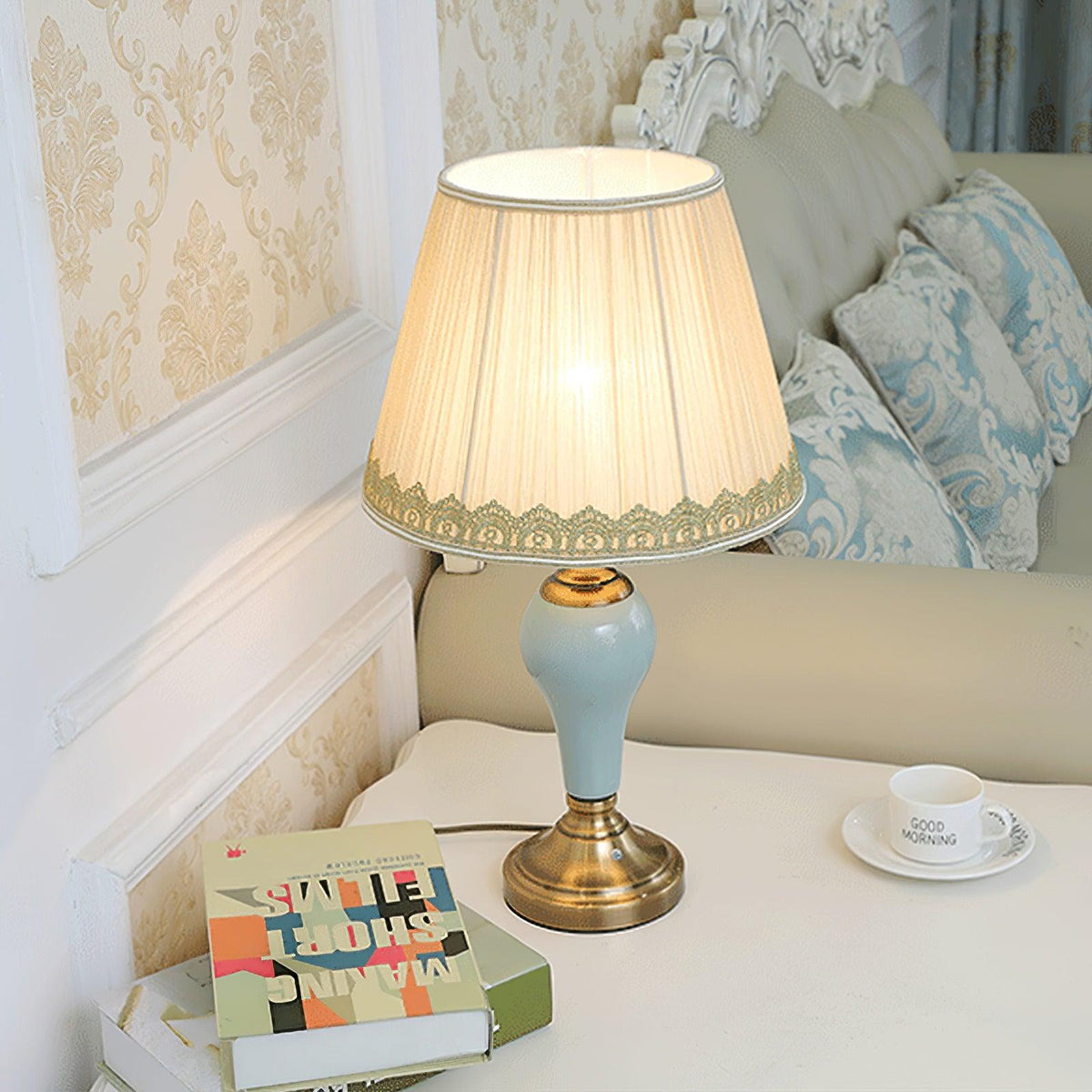 Chaslyn Desk Lamp – Blue Ceramic & Brass Table Lamp with Beige Fabric Shade