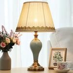 Chaslyn Desk Lamp – Blue Ceramic & Brass Table Lamp with Beige Fabric Shade