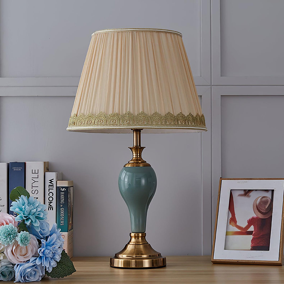 Chaslyn Desk Lamp – Blue Ceramic & Brass Table Lamp with Beige Fabric Shade