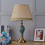 Chaslyn Desk Lamp – Blue Ceramic & Brass Table Lamp with Beige Fabric Shade