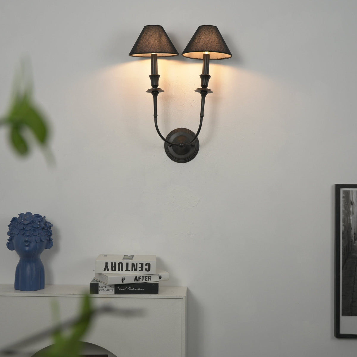 Chester Wall Sconce – Modern Black Metal & Fabric Shade for Bedroom and Living Room