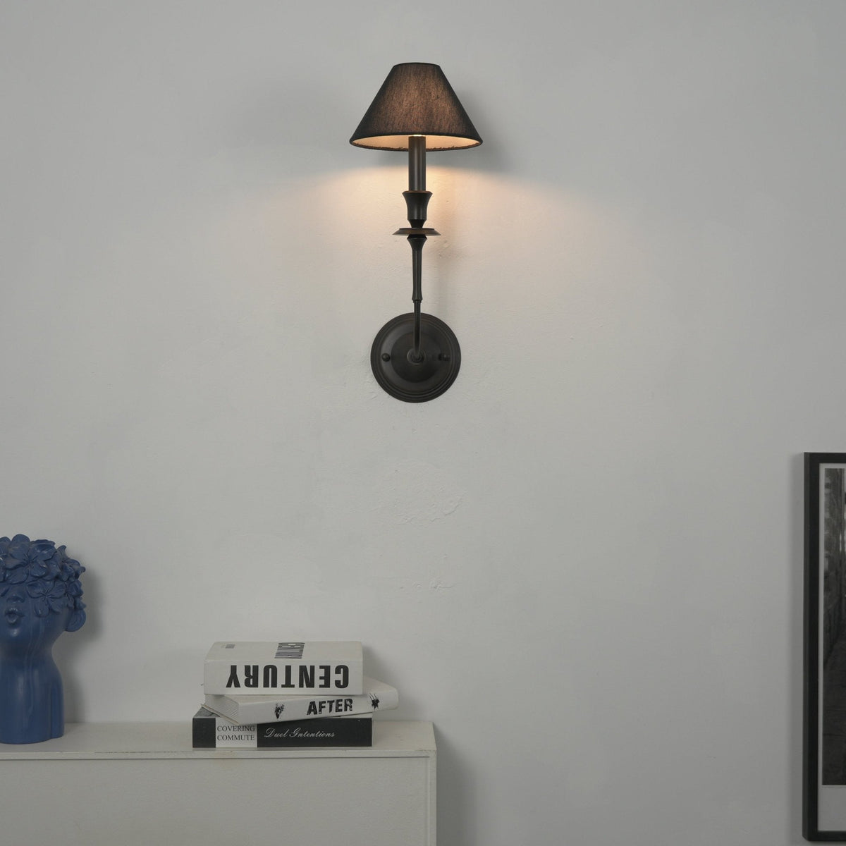Chester Wall Sconce – Modern Black Metal & Fabric Shade for Bedroom and Living Room