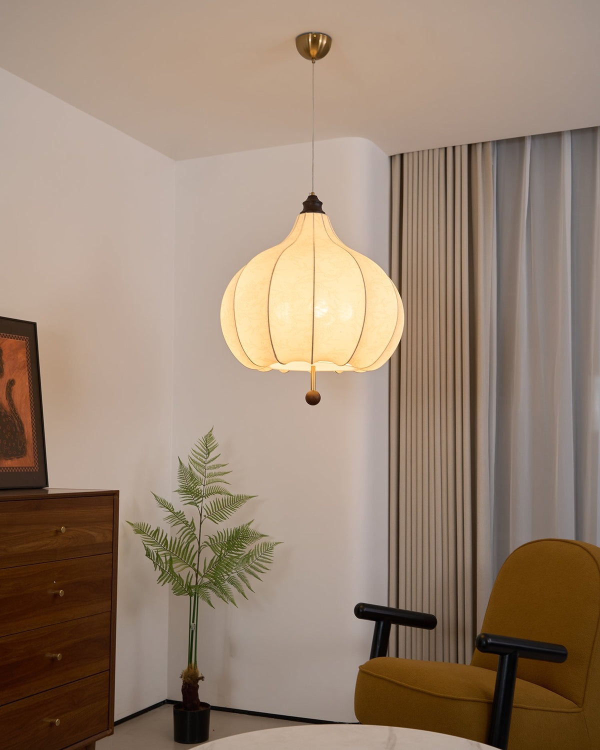 Chestnut Fabric Pendant Light – Warm Beige Shade with Walnut Accents for Living Spaces