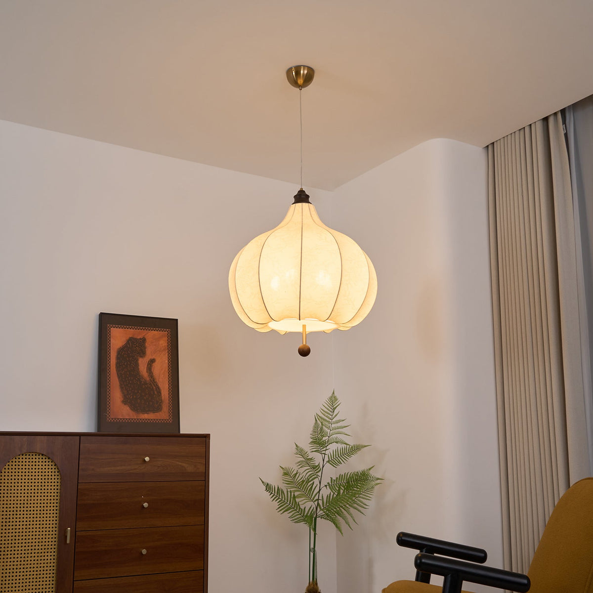 Chestnut Fabric Pendant Light – Warm Beige Shade with Walnut Accents for Living Spaces