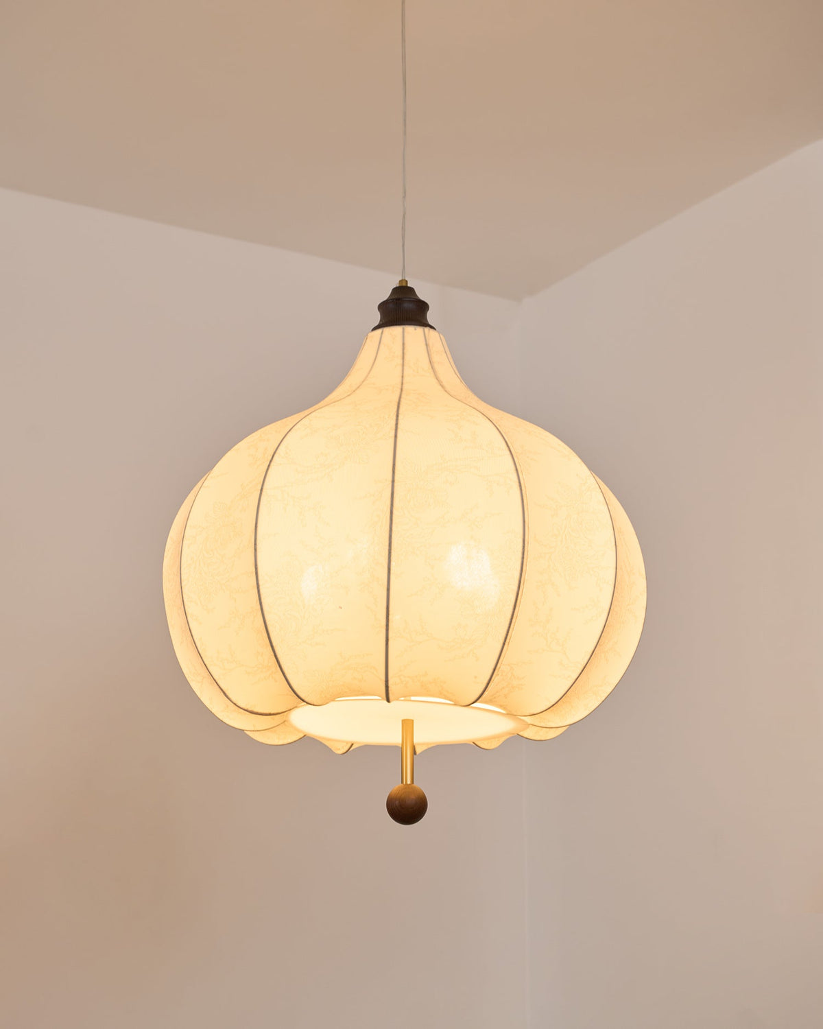 Chestnut Fabric Pendant Light – Warm Beige Shade with Walnut Accents for Living Spaces