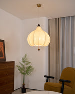 Chestnut Fabric Pendant Light – Warm Beige Shade with Walnut Accents for Living Spaces