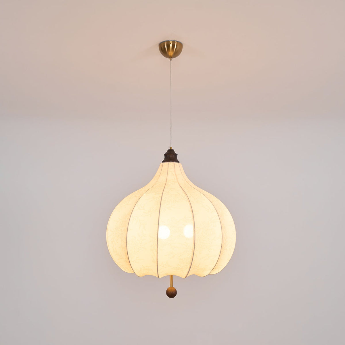 Chestnut Fabric Pendant Light – Warm Beige Shade with Walnut Accents for Living Spaces