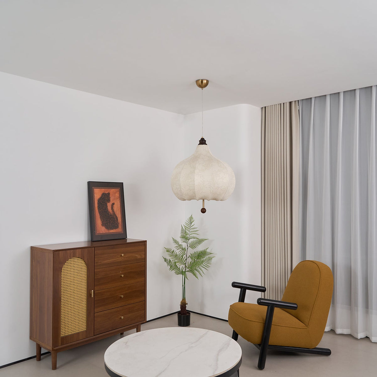 Chestnut Fabric Pendant Light – Warm Beige Shade with Walnut Accents for Living Spaces