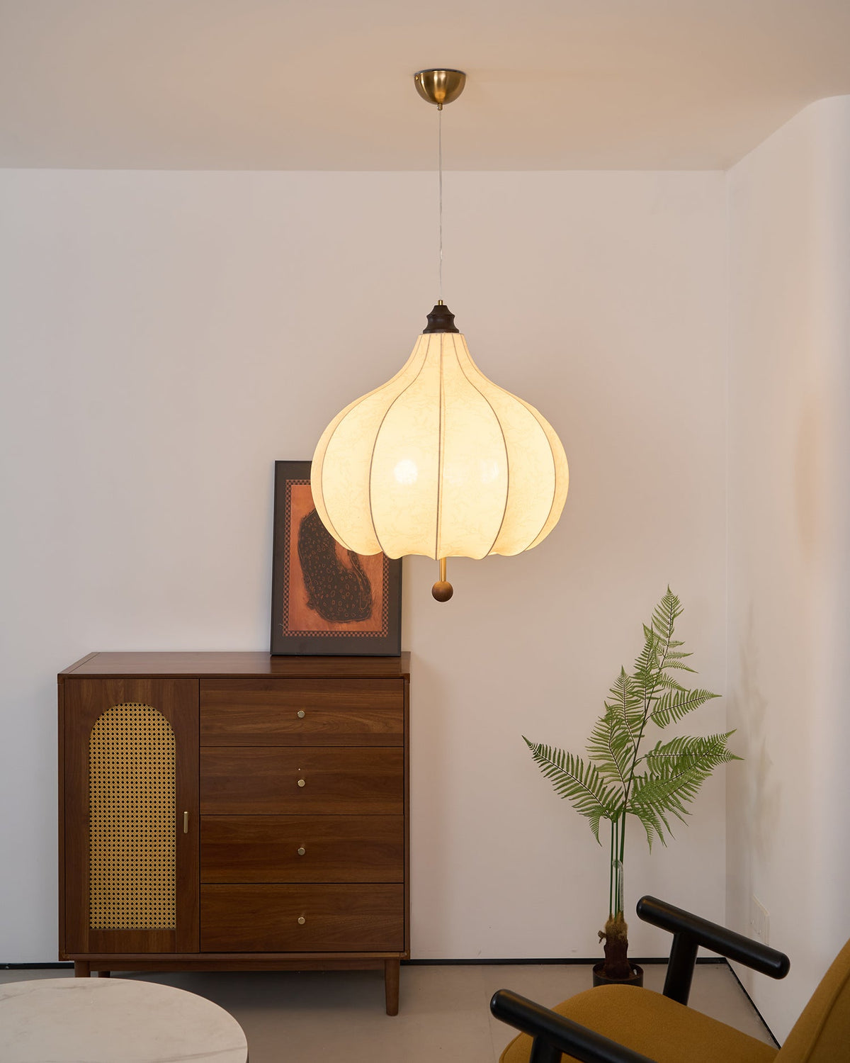 Chestnut Fabric Pendant Light – Warm Beige Shade with Walnut Accents for Living Spaces
