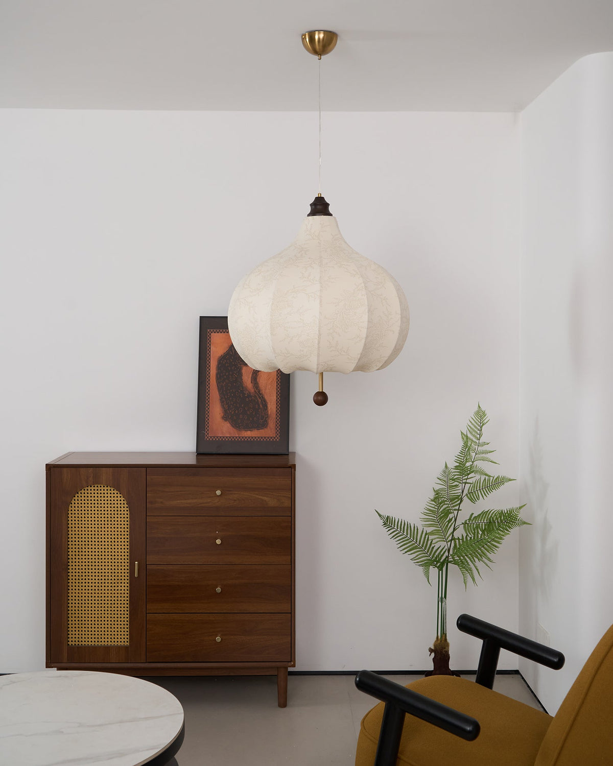 Chestnut Fabric Pendant Light – Warm Beige Shade with Walnut Accents for Living Spaces