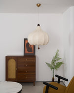 Chestnut Fabric Pendant Light – Warm Beige Shade with Walnut Accents for Living Spaces